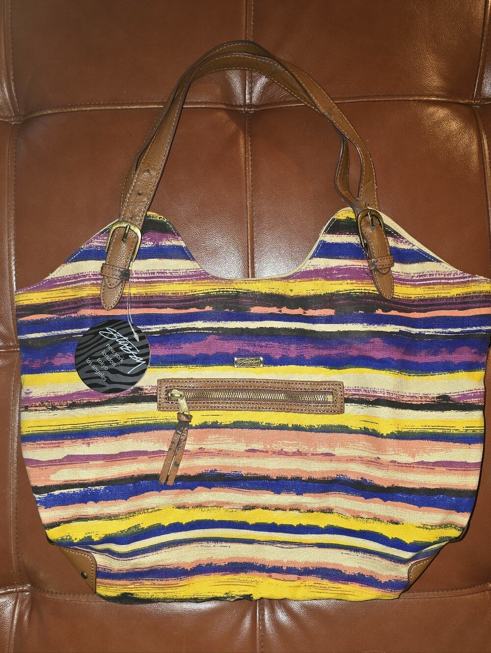 Vintage STUSSY Striped Multi-Color Canvas Tote with Brown Faux Leather Trim